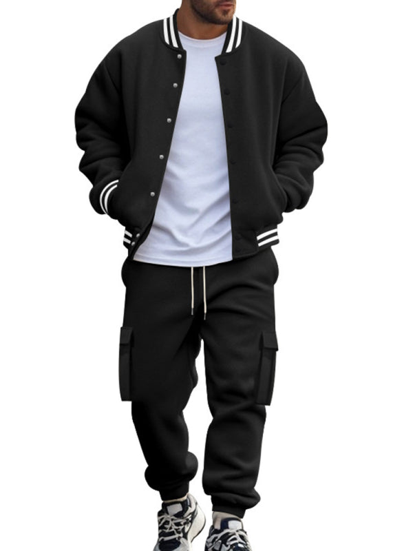 Men's Sporty Baseball-Inspired Fleece Tracksuit Set - Essential