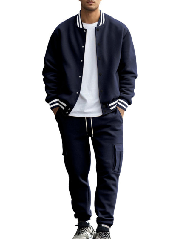 Men's Sporty Baseball-Inspired Fleece Tracksuit Set - Essential