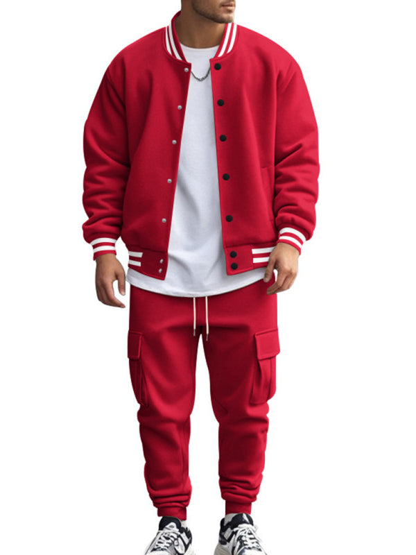 Men's Sporty Baseball-Inspired Fleece Tracksuit Set - Essential