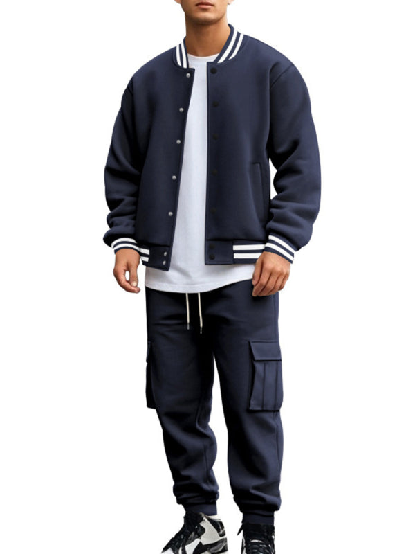 Men's Sporty Baseball-Inspired Fleece Tracksuit Set - Essential