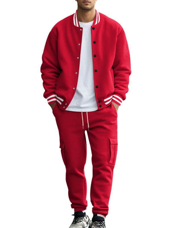 Men's Sporty Baseball-Inspired Fleece Tracksuit Set - Essential