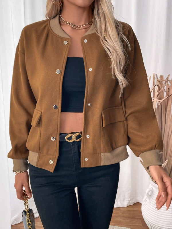 Women's Casual Bomber Jacket with Fleece and Flapper Pockets	