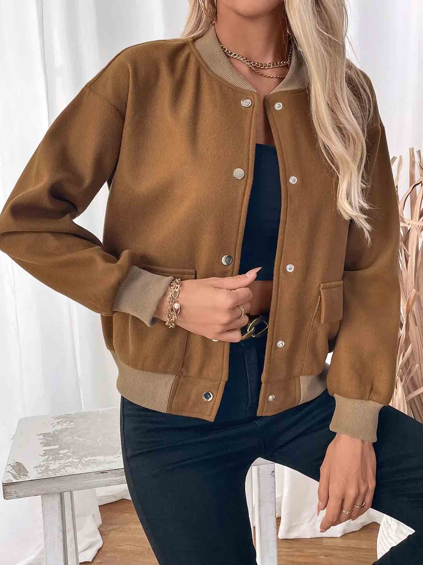 Women's Fleece Bomber Jacket with Contrast Pocket Jackets