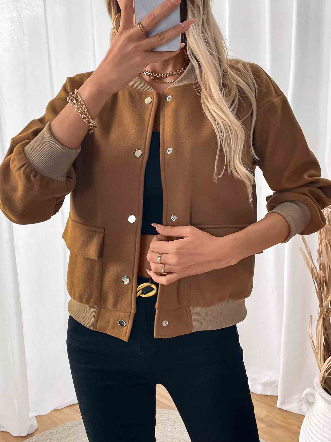 Women's Fleece Bomber Jacket with Contrast Pocket Jackets