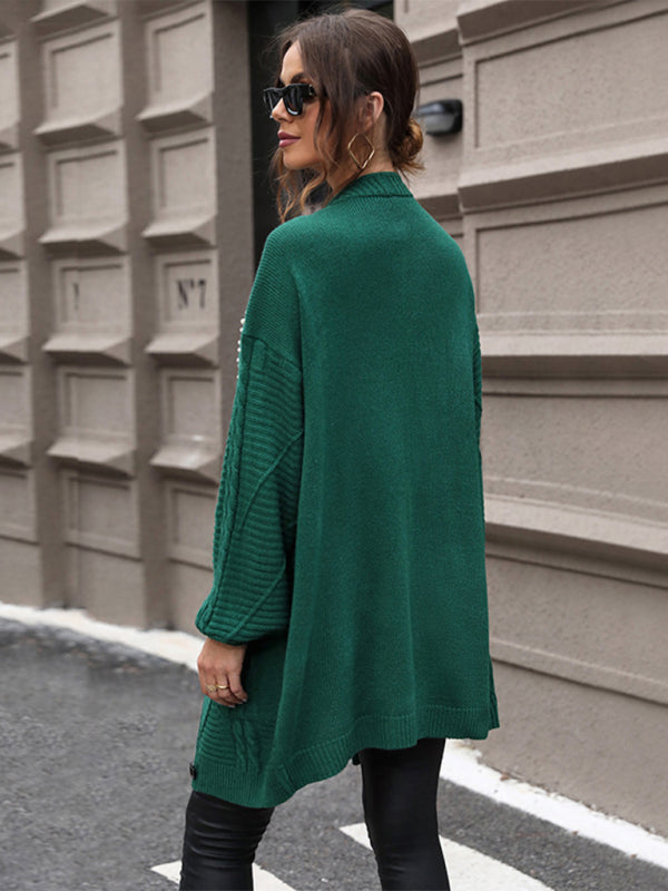 Elegant Green Mid-Length Cardigan with Pearl Details Longline