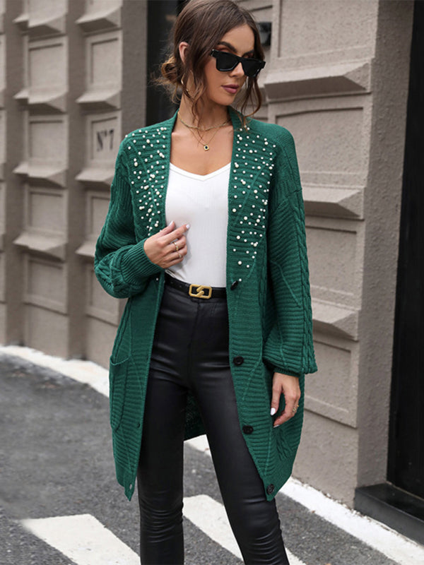 Elegant Green Mid-Length Cardigan with Pearl Details Longline