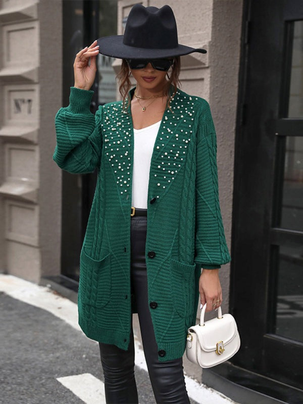 Elegant Green Mid-Length Cardigan with Pearl Details Longline