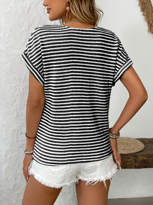 Summer Striped V-Neck Knit Top Knit Tops