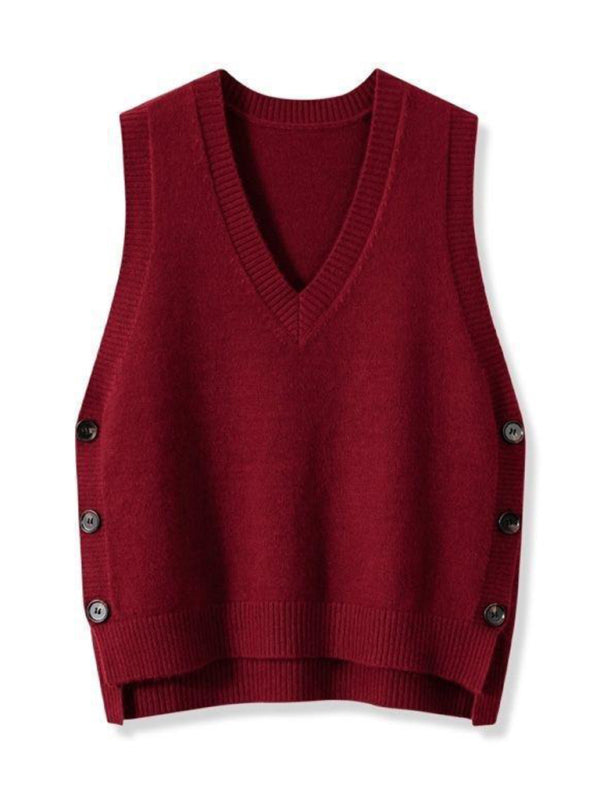 Women's Casual Knit Vest with Asymmetric Hem and Side Buttons	