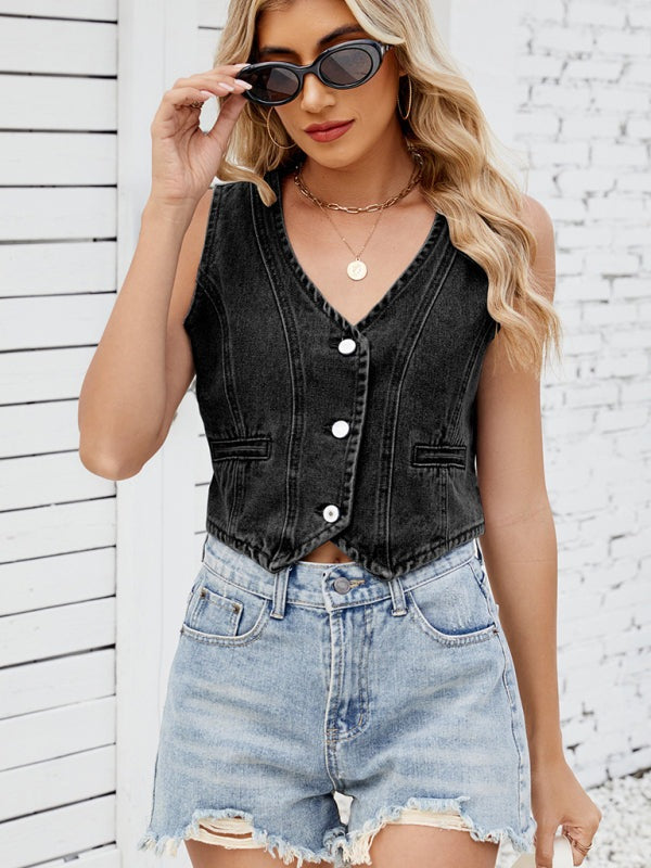 Casual Cropped Denim Vest - Essential Women's Outerwear Denim