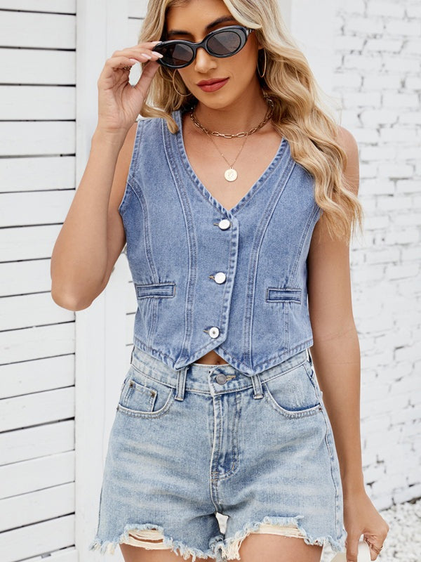 Casual Cropped Denim Vest - Essential Women's Outerwear Denim