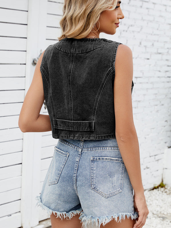 Casual Cropped Denim Vest - Essential Women's Outerwear Denim