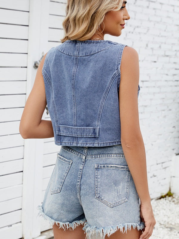 Casual Cropped Denim Vest - Essential Women's Outerwear Denim