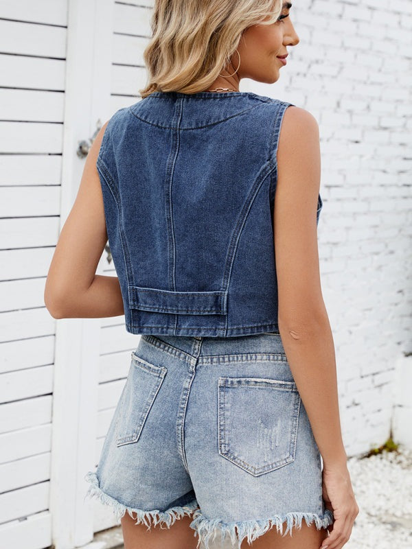 Casual Cropped Denim Vest - Essential Women's Outerwear Denim