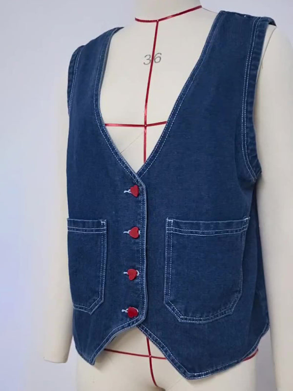 Casual Women's Denim Vest with Heart Buttons Outerwear