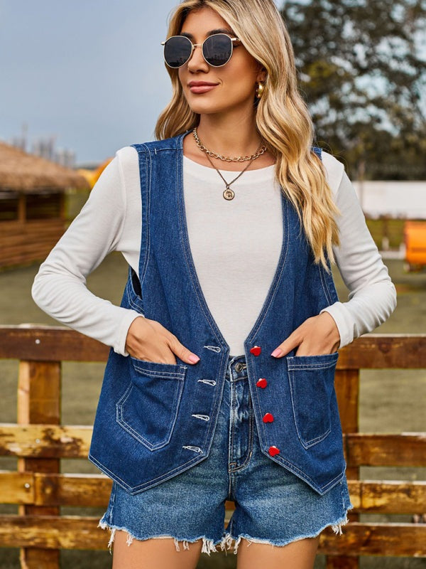 Casual Women's Denim Vest with Heart Buttons Outerwear