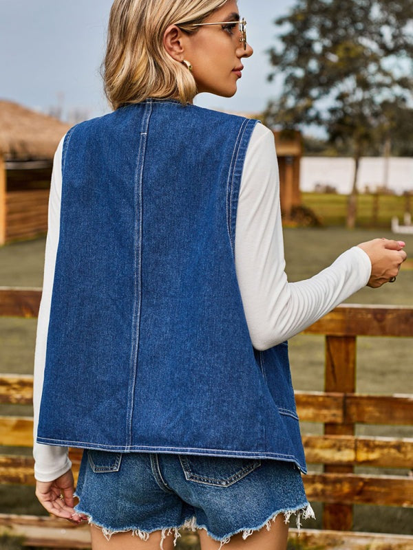 Casual Women's Denim Vest with Heart Buttons Outerwear