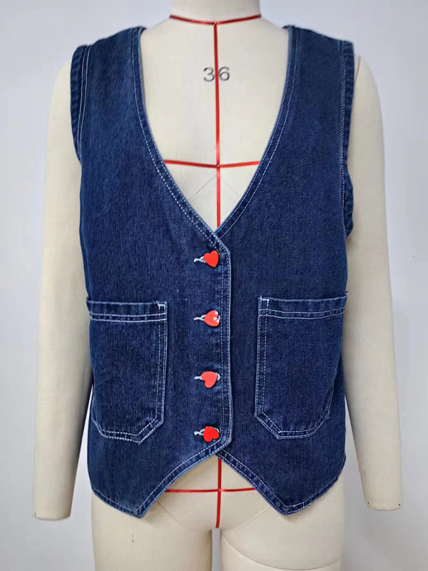 Casual Women's Denim Vest with Heart Buttons Outerwear