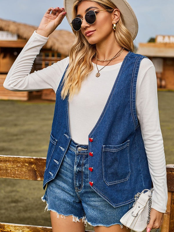 Casual Women's Denim Vest with Heart Buttons Outerwear