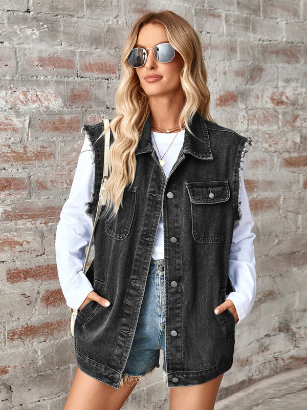 Trendy Women's Casual Denim Vest with Distressed Details	