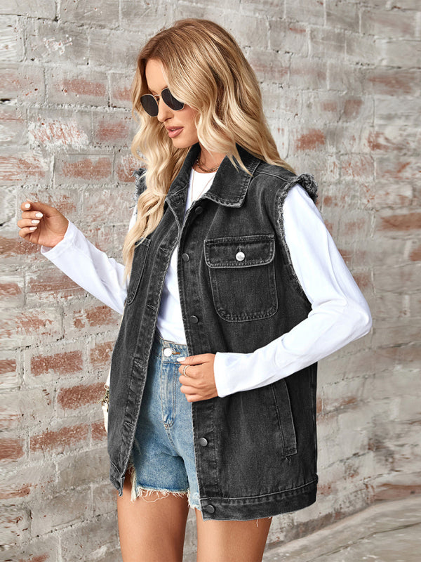 Casual Denim Vest for Women with Shirt Collar Waistcoats