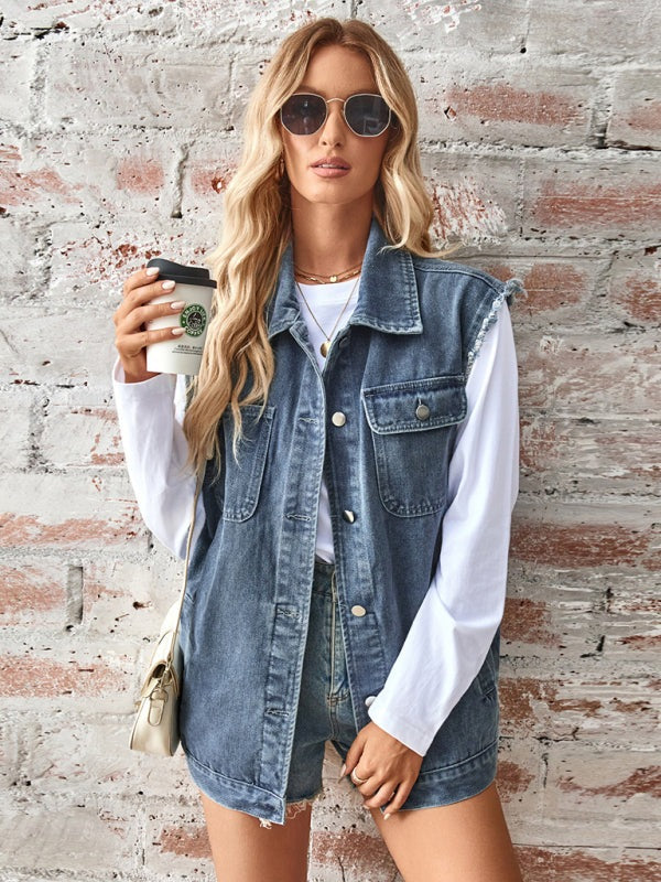 Casual Denim Vest for Women with Shirt Collar Waistcoats