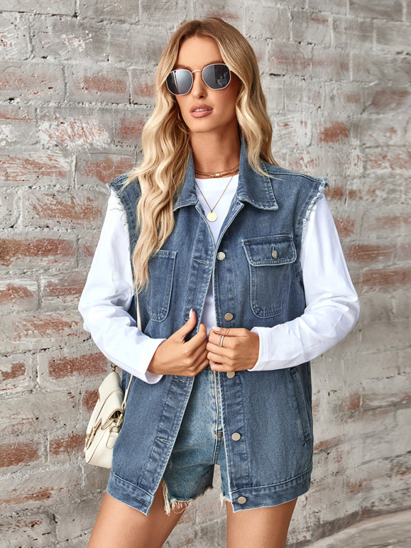 Casual Denim Vest for Women with Shirt Collar Waistcoats