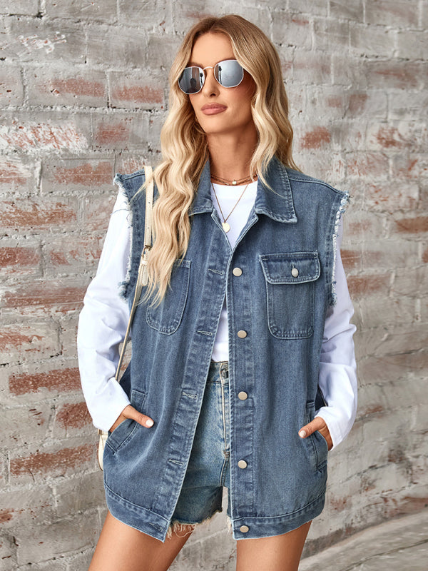 Casual Denim Vest for Women with Shirt Collar Waistcoats