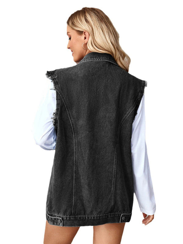 Casual Denim Vest for Women with Shirt Collar Waistcoats