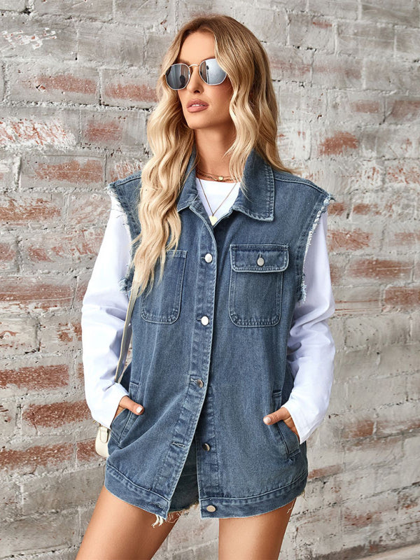 Casual Denim Vest for Women with Shirt Collar Waistcoats