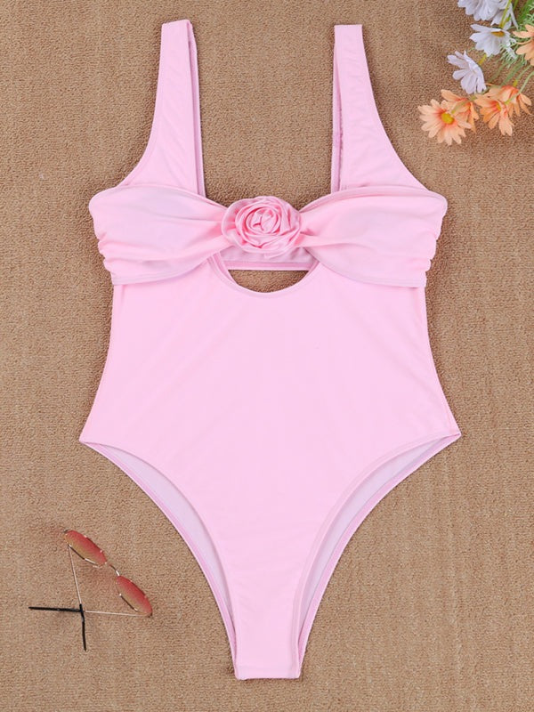 Flower Applique Swimwear One-Piece Swimsuit with Bandeau Bra