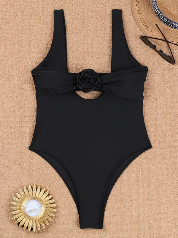 Flower Applique Swimwear One-Piece Swimsuit with Bandeau Bra