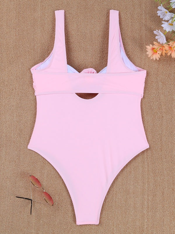 Flower Applique Swimwear One-Piece Swimsuit with Bandeau Bra