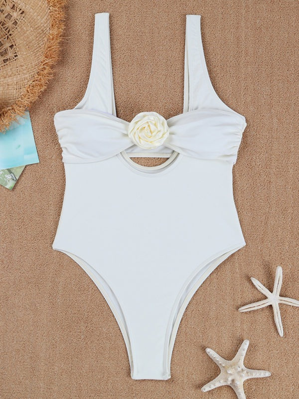 Flower Applique Swimwear One-Piece Swimsuit with Bandeau Bra