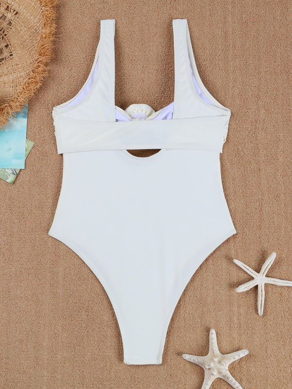 Flower Applique Swimwear One-Piece Swimsuit with Bandeau Bra