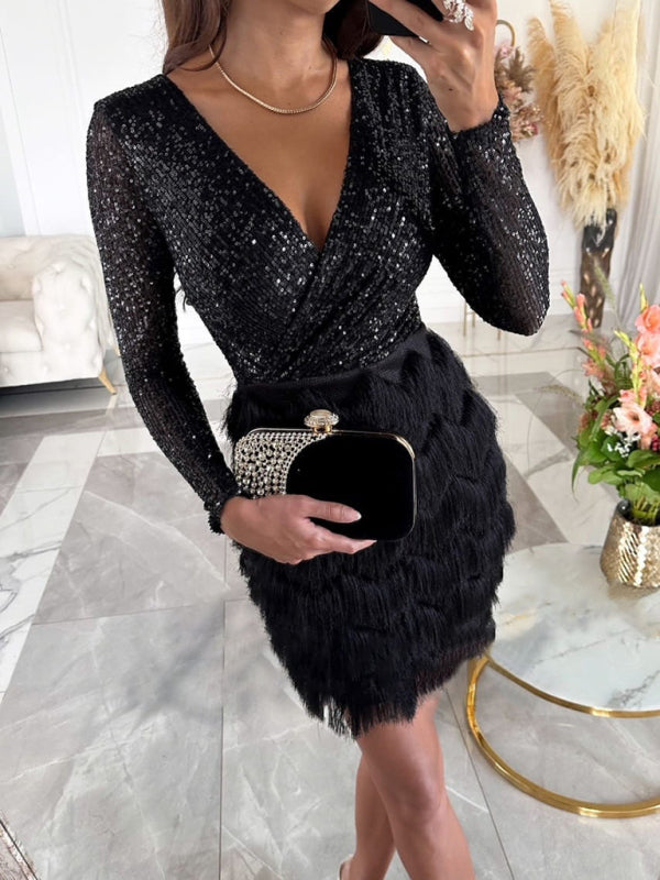 Sparkling Surplice Mini Dress for Cocktail Parties Sequined