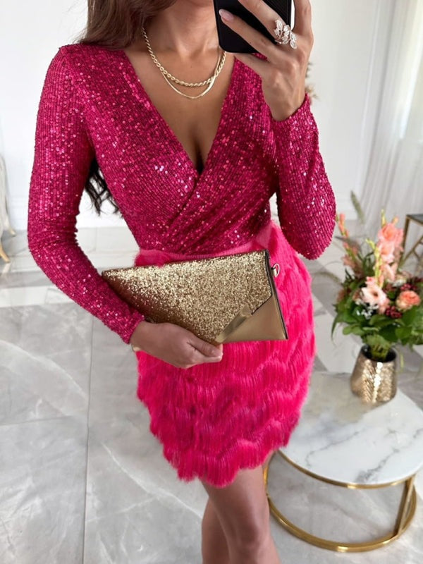 Sparkling Surplice Mini Dress for Cocktail Parties Sequined