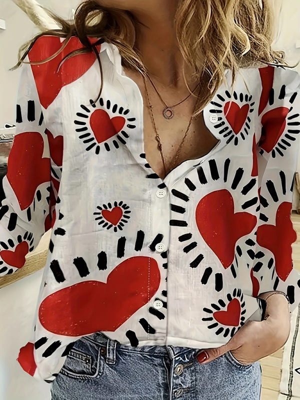 Romantic Heart-Print Casual Blouse for Women	