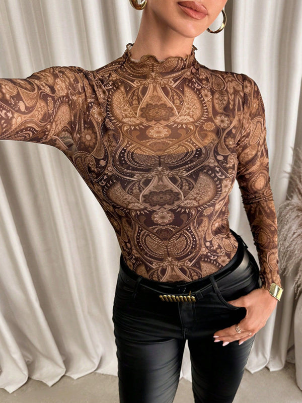 High Frill Neck Leopard Print Top Blouse Animal Print Tops