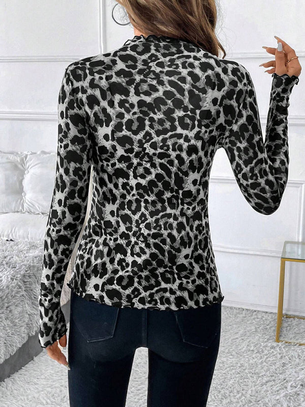 High Frill Neck Leopard Print Top Blouse Animal Print Tops