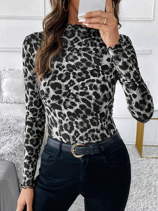 High Frill Neck Leopard Print Top Blouse Animal Print Tops