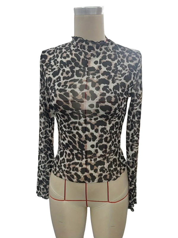 High Frill Neck Leopard Print Top Blouse Animal Print Tops