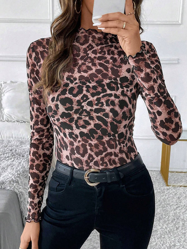 High Frill Neck Leopard Print Top Blouse Animal Print Tops