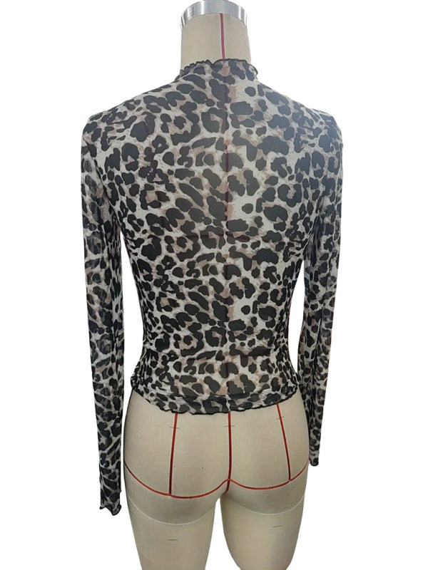 High Frill Neck Leopard Print Top Blouse Animal Print Tops