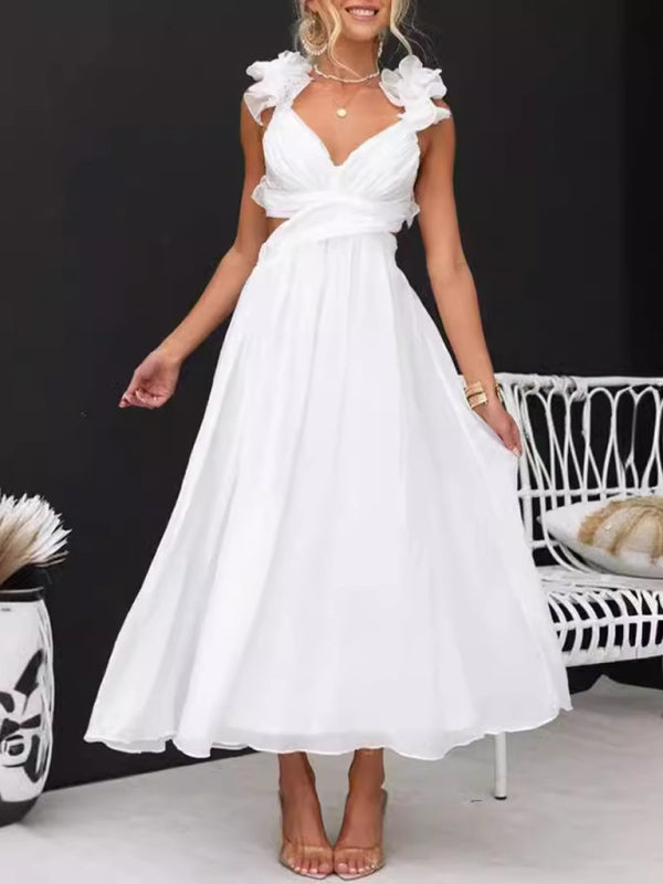 Elegant White Tea-Length Cocktail Dress with Ruffle Straps	