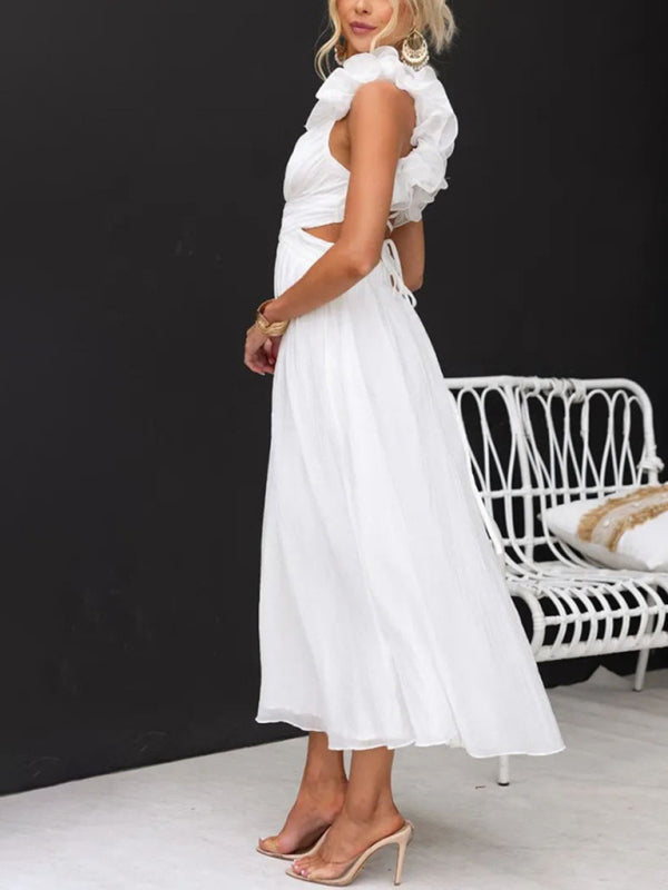 Backless Tea-length Dress with Adjustable Lace-Up for Cocktails