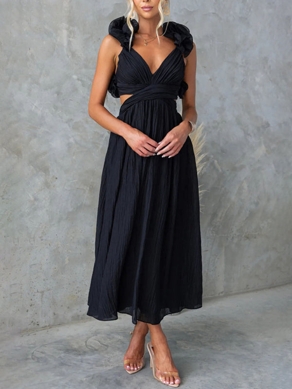 Backless Tea-length Dress with Adjustable Lace-Up for Cocktails