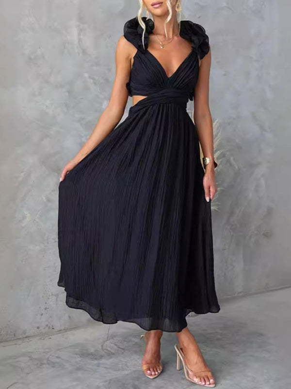 Backless Tea-length Dress with Adjustable Lace-Up for Cocktails