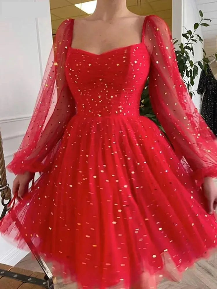 Elegant Red Sequined Party Dress with Sheer Sleeves Party Dresses