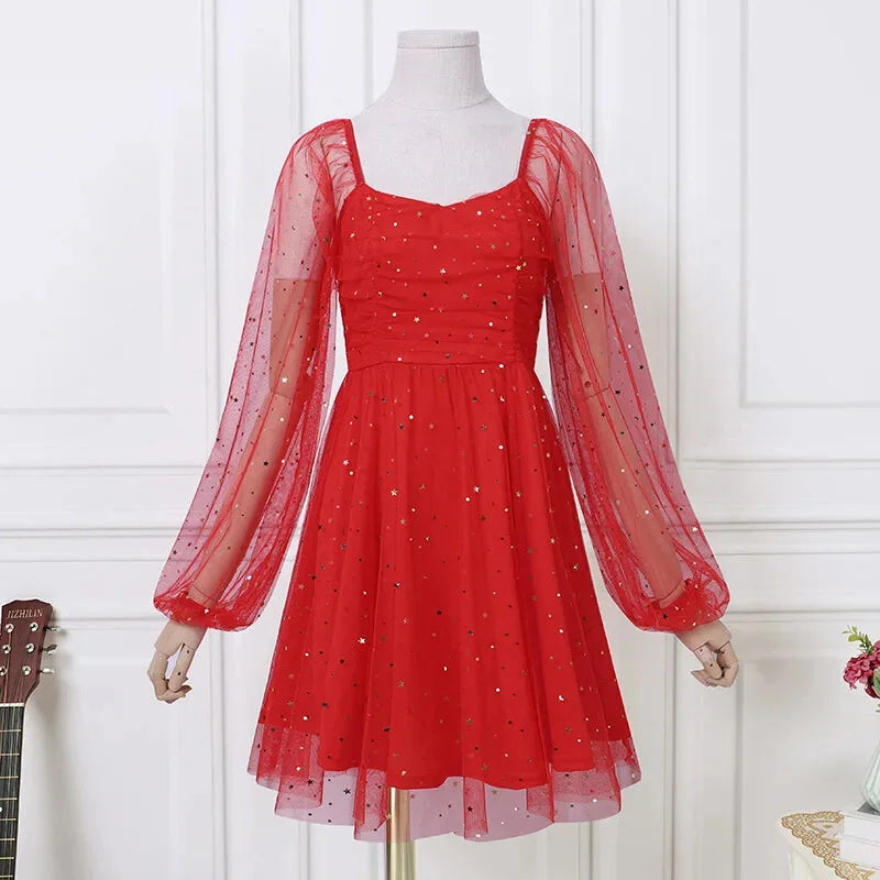 Elegant Red Sequined Party Dress with Sheer Sleeves Party Dresses